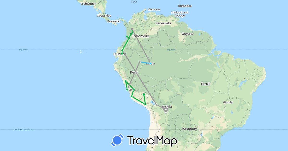 TravelMap itinerary: driving, bus, plane, boat in Bolivia, Colombia, Ecuador, Peru (South America)